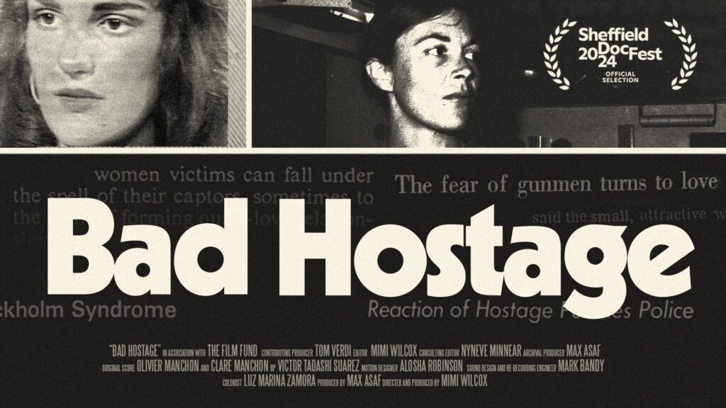 A promo image for the movie "Bad Hostage" featuring black and white photos and text.