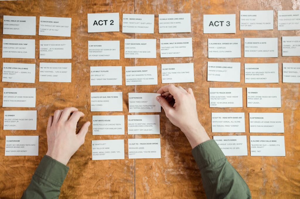 Someone's hands organizing different cards that represent different scenes in a movie.