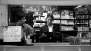 The front desk of the convenience store from the movie "Clerks".